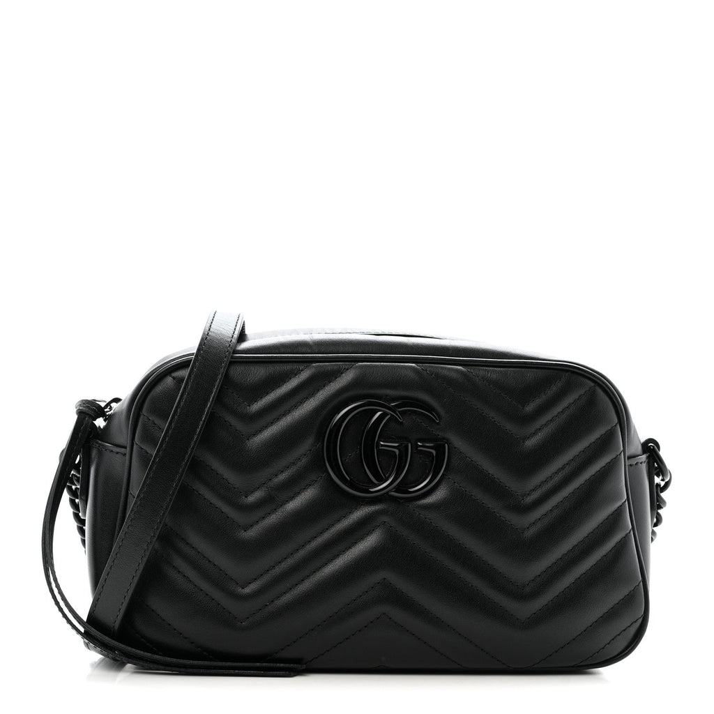 Gucci Calfskin Matelasse Monochrome Small GG Marmont Chain Shoulder Bag Black