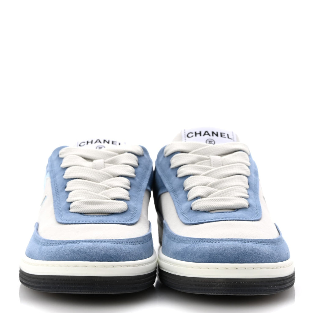 Chanel Suede Kidskin Womens CC Sneakers 39 White Blue
