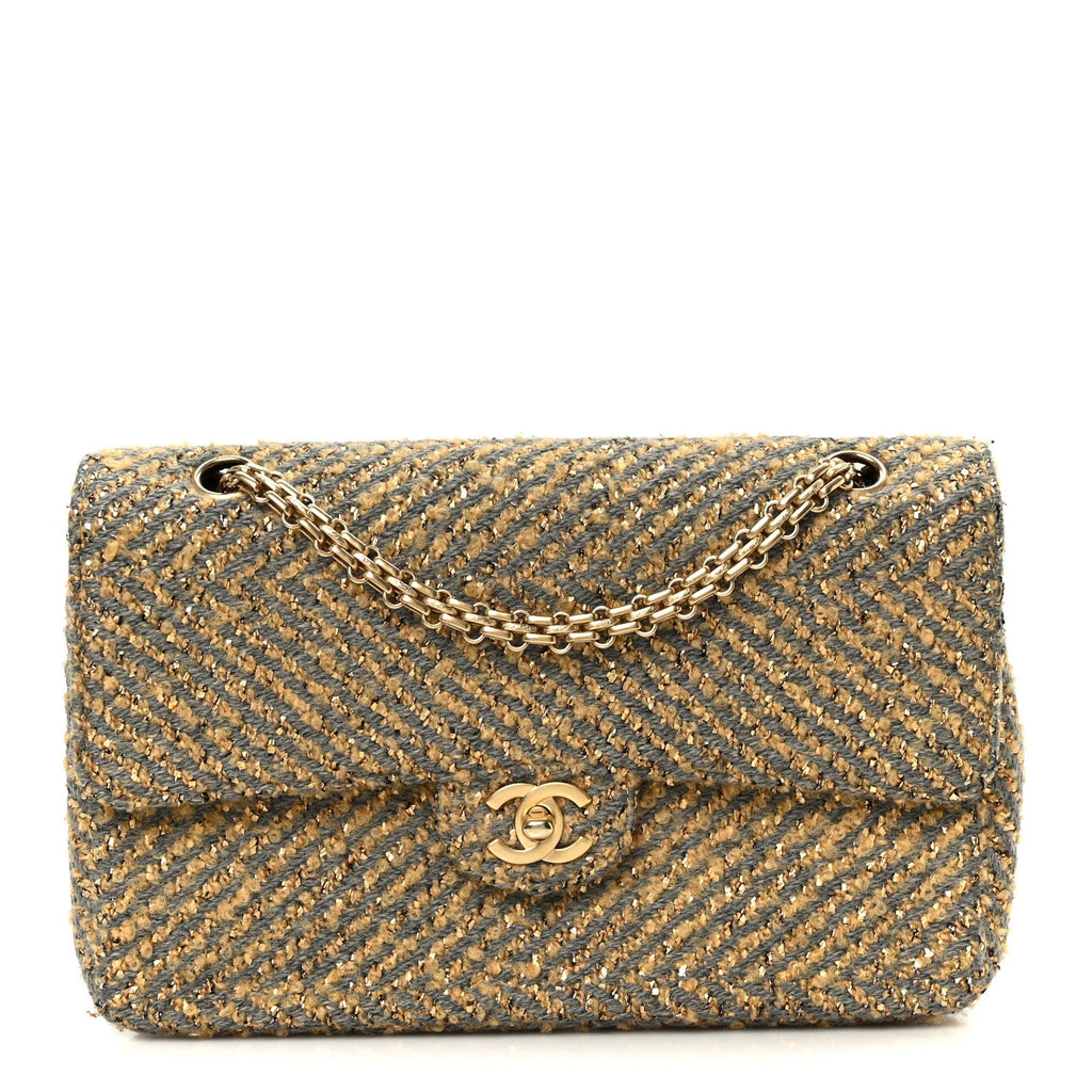 Chanel Metallic Tweed Quilted Medium Single Flap Beige Grey Gold