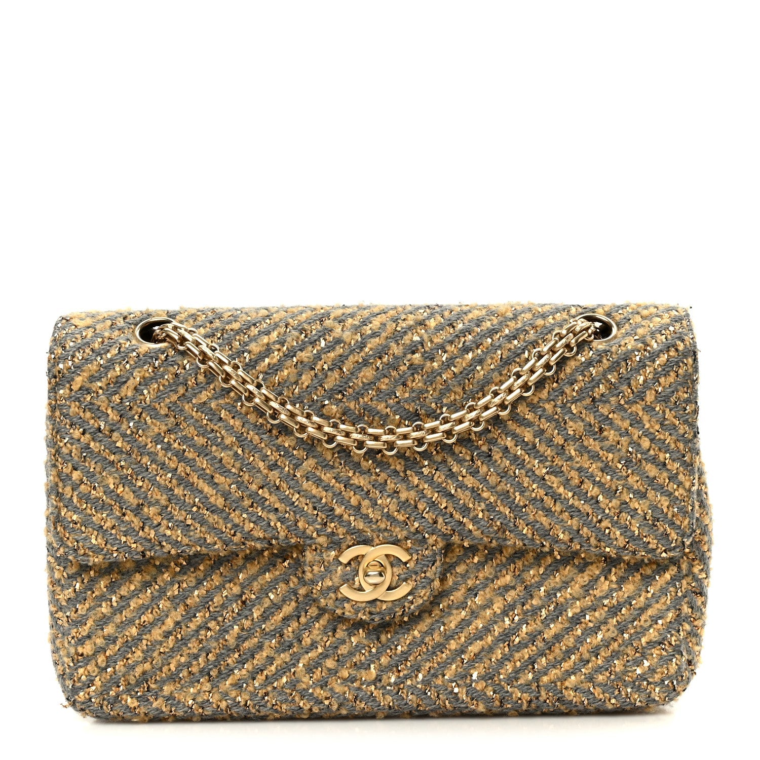 Chanel Metallic Tweed Quilted Medium Single Flap Beige Grey Gold