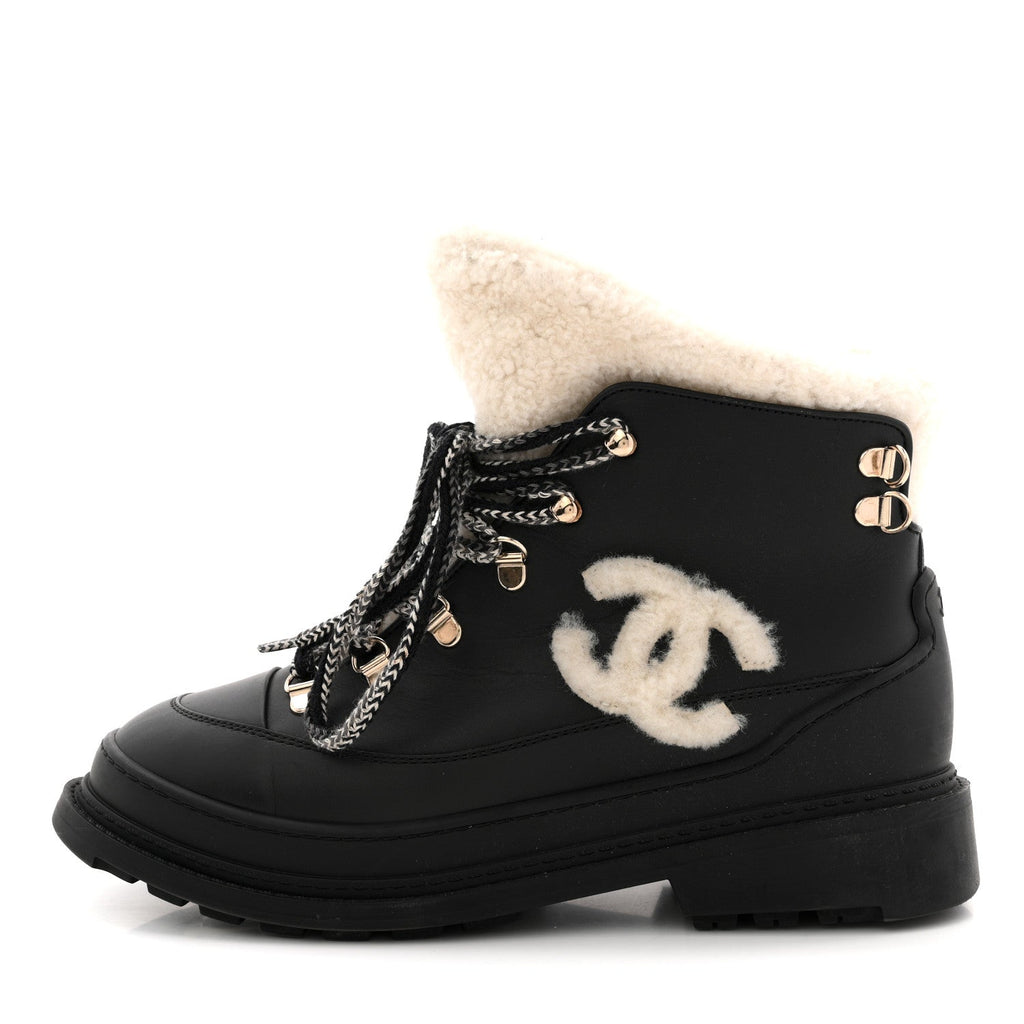 Calfskin Shearling CC Lace Up Boots 38.5 Black