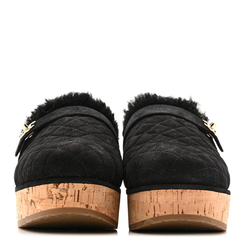 Chanel Suede Calfskin Shearling Turn Lock Clogs 41 Black