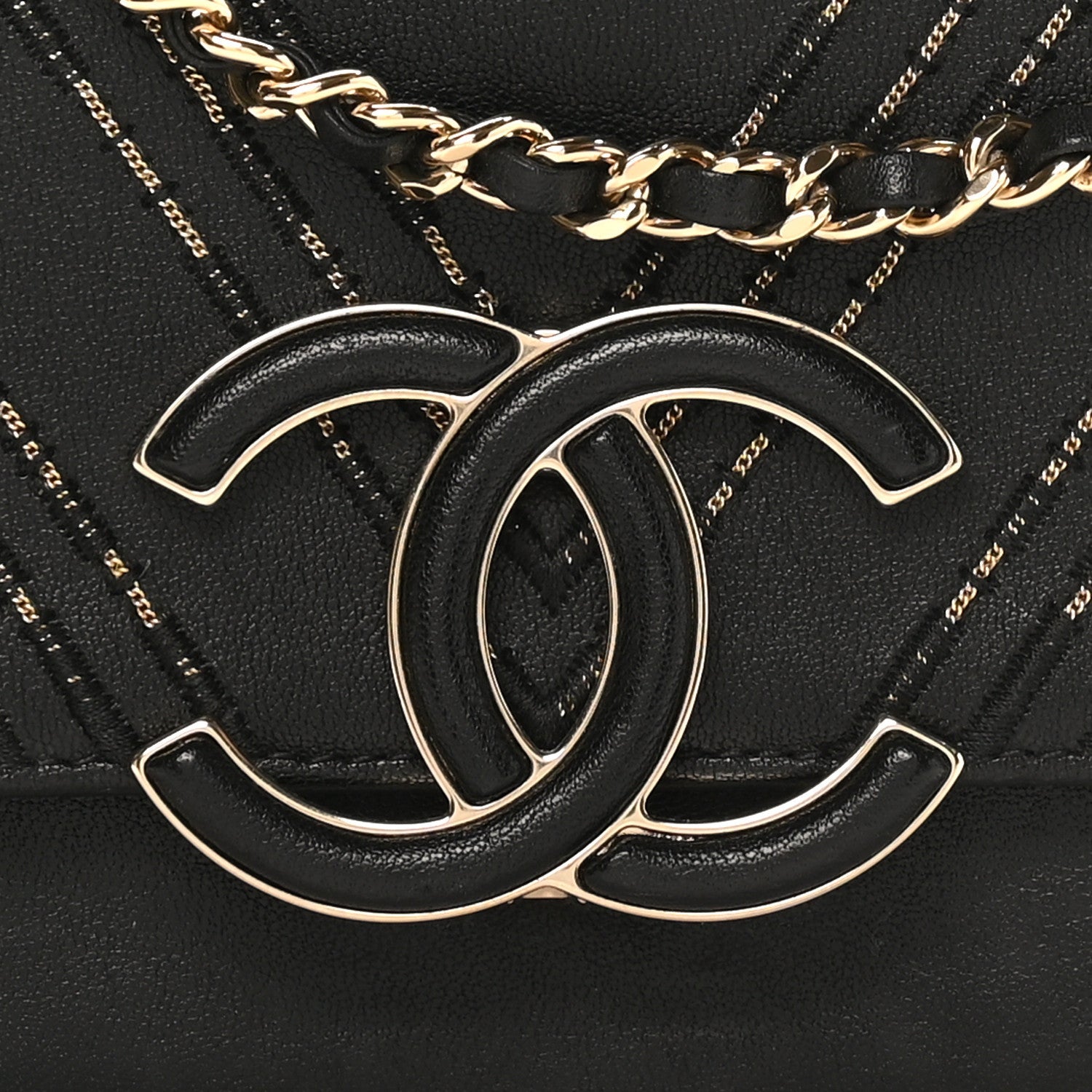 Chanel Calfskin Chevron Beaded Chain Mini Square Flap Black