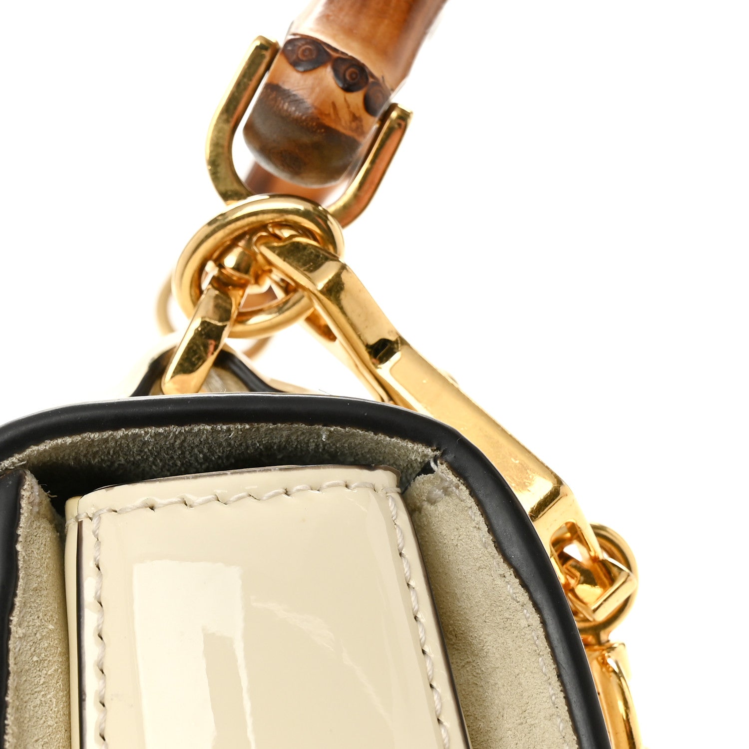 Gucci Patent Crystal Mini Bamboo 1947 Top Handle Chain Bag White