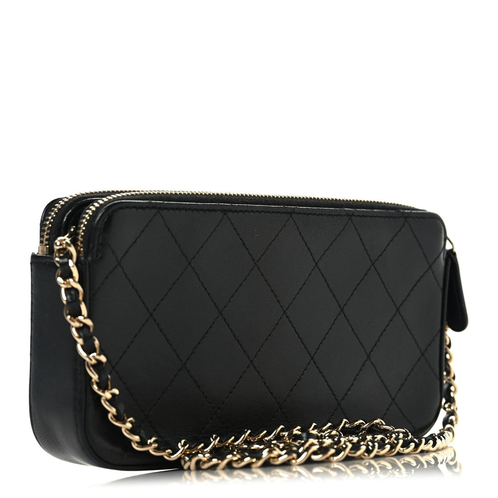 Chanel Goatskin Enamel Quilted Small Clutch With Chain Black