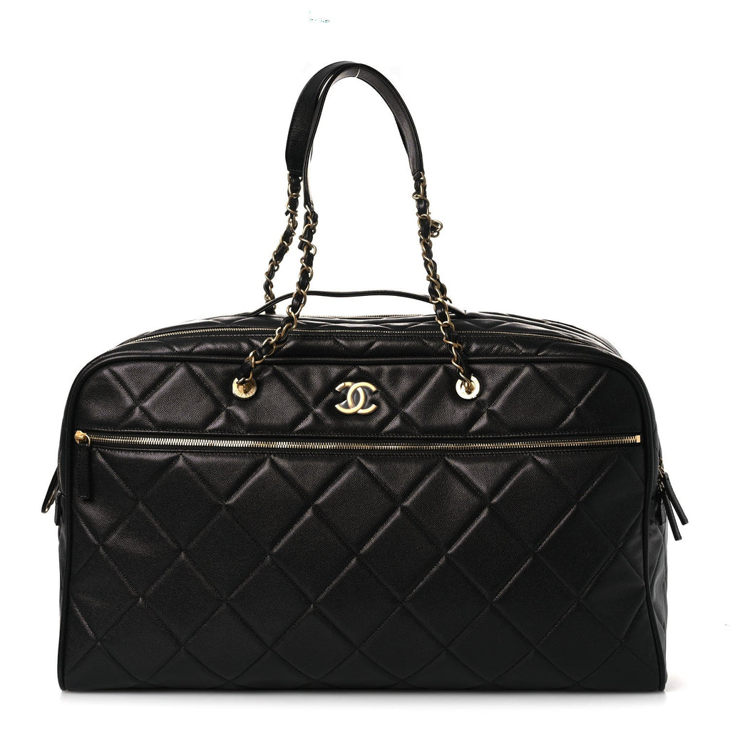 Chanel Shiny Grained Calfskin Quilted Large Travel Bowling Bag Black