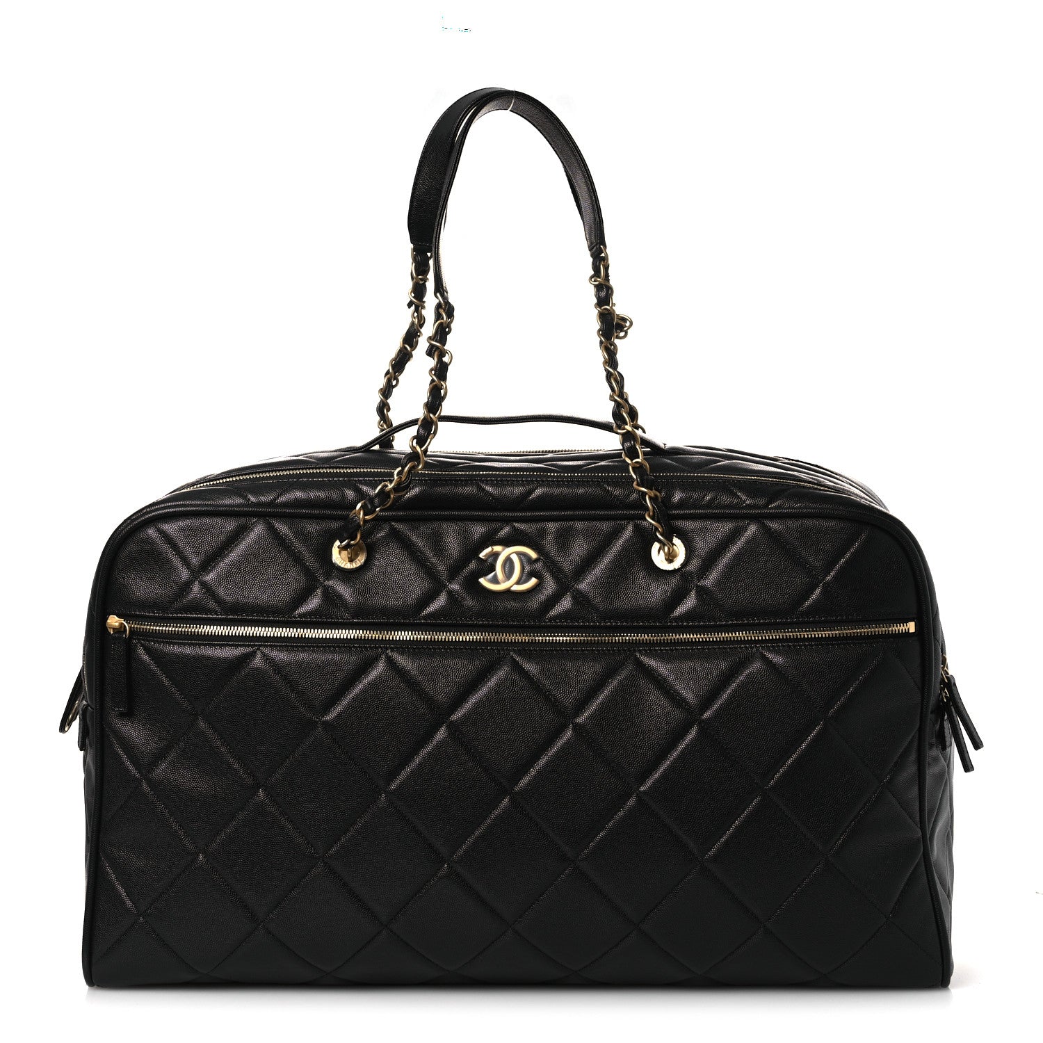 Chanel Shiny Grained Calfskin Quilted Large Travel Bowling Bag Black