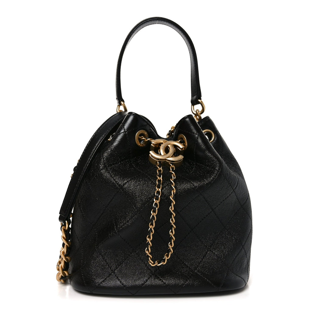 Chanel Shiny Lambskin Quilted Fashion Therapy Bucket Drawstring Bag Black