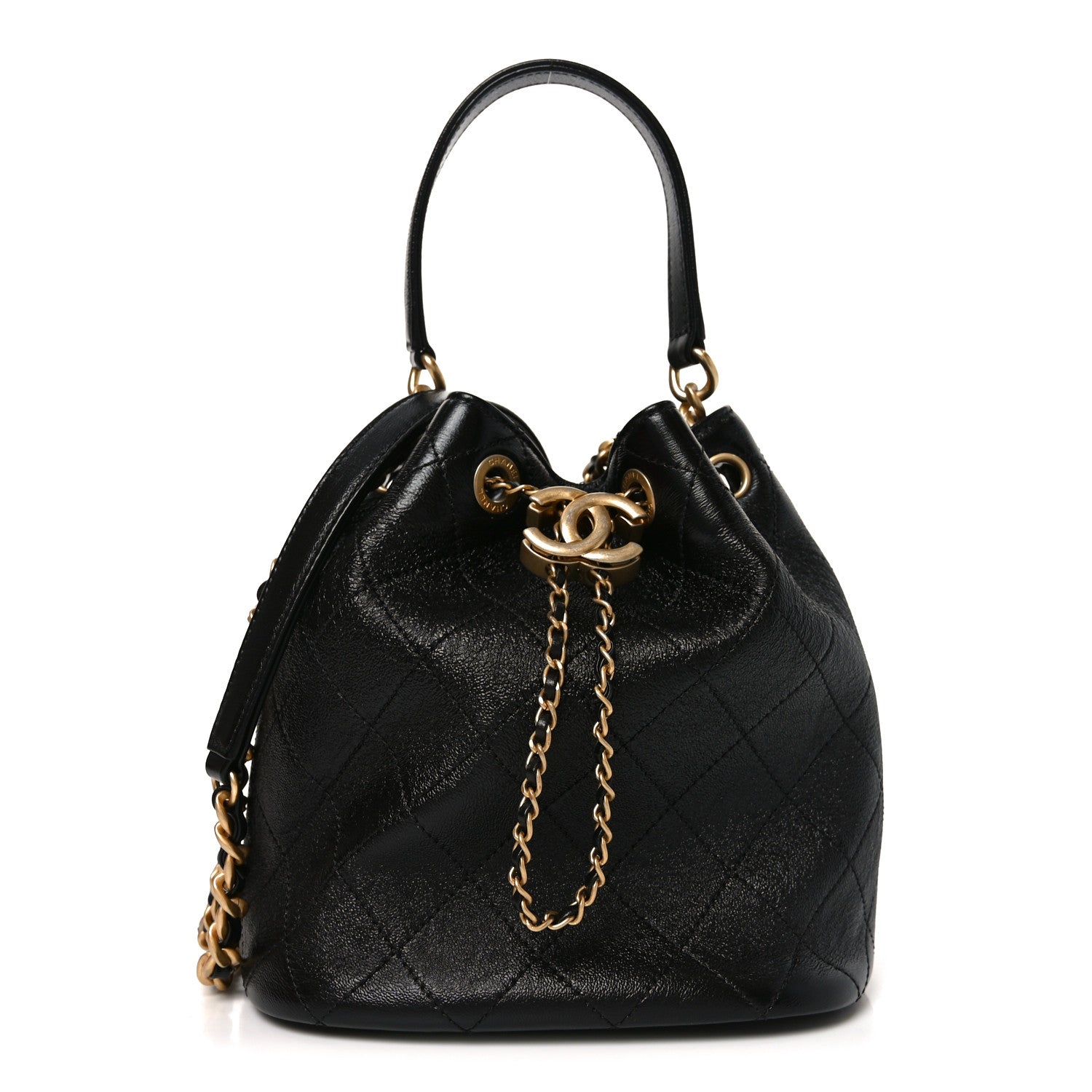 Chanel Shiny Lambskin Quilted Fashion Therapy Bucket Drawstring Bag Black