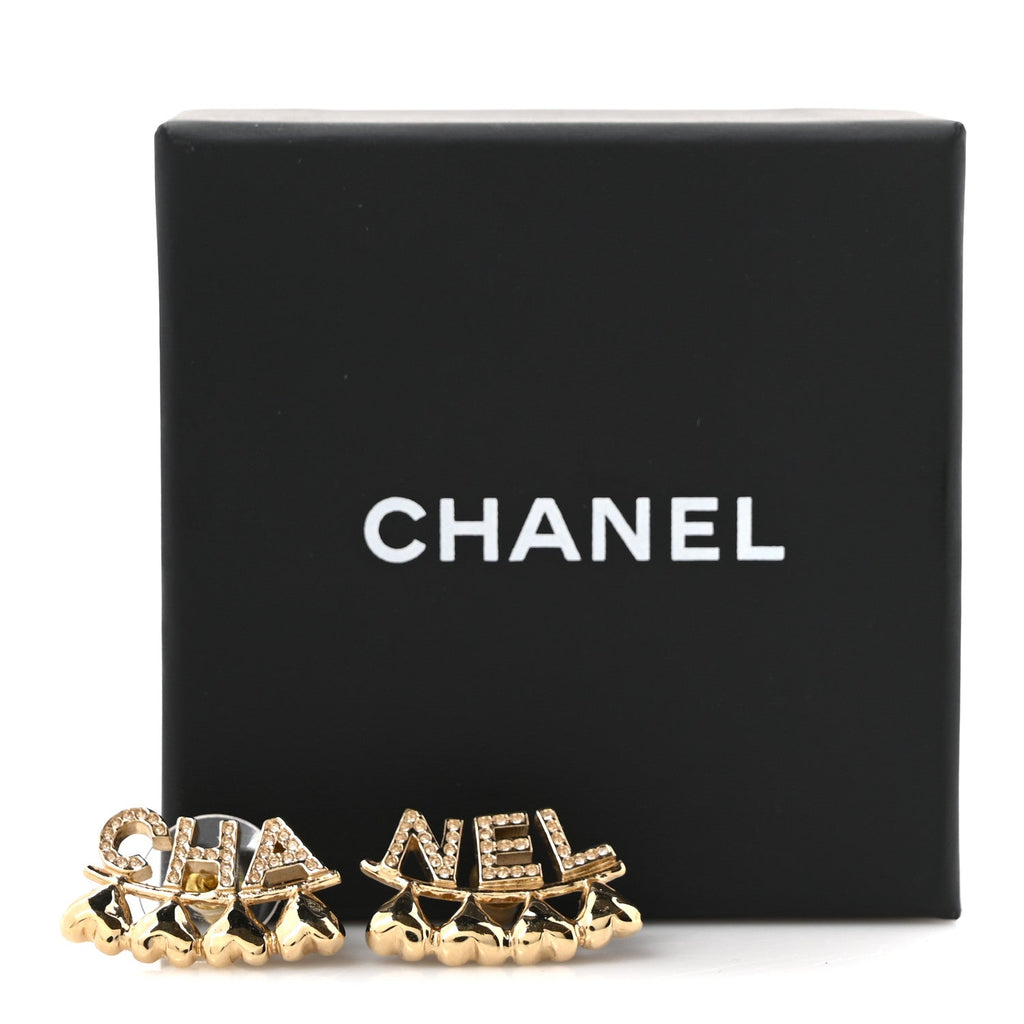 Crystal Heart Cha-Nel Logo Earrings Gold