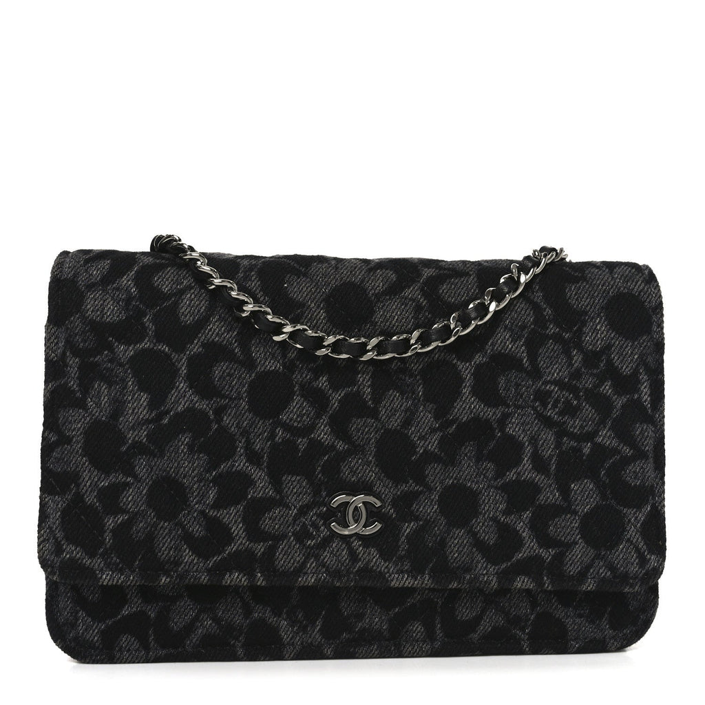 Chanel Printed Denim Quilted Flower Wallet On Chain WOC Black