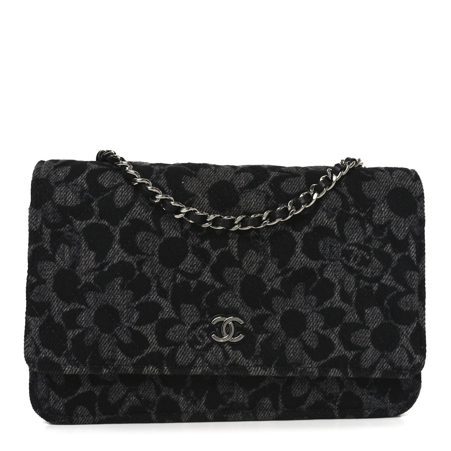 Chanel Printed Denim Quilted Flower Wallet On Chain WOC Black