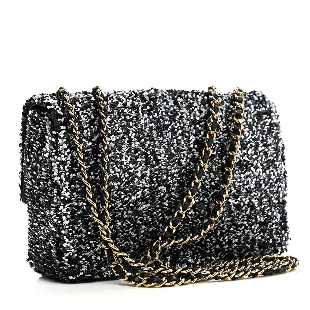 Chanel Sequin Quilted Small Single Flap Black White Grey