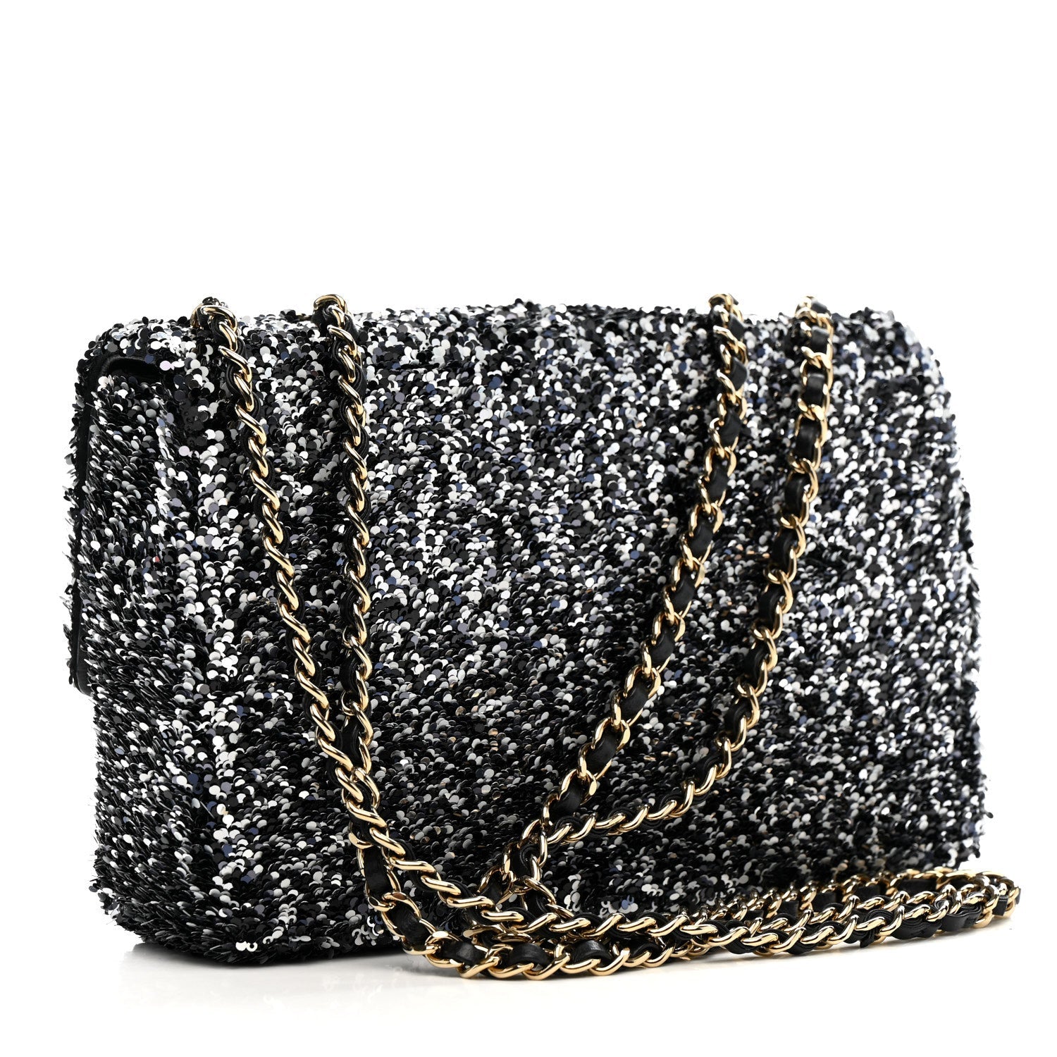 Chanel Sequin Quilted Small Single Flap Black White Grey