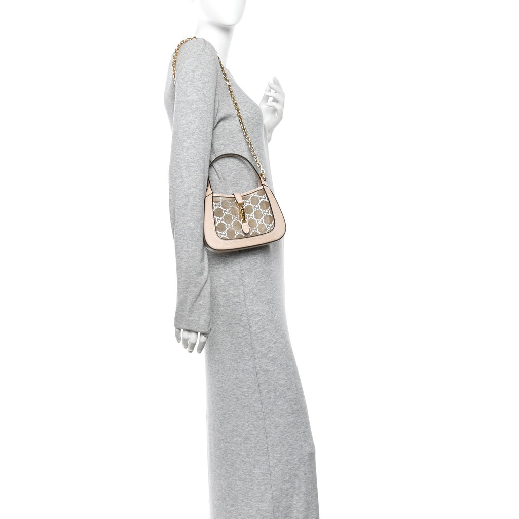 Gucci Lizard Mesh Crystal GG Monogram Mini Jackie 1961 Hobo Light Powder Skin Rose