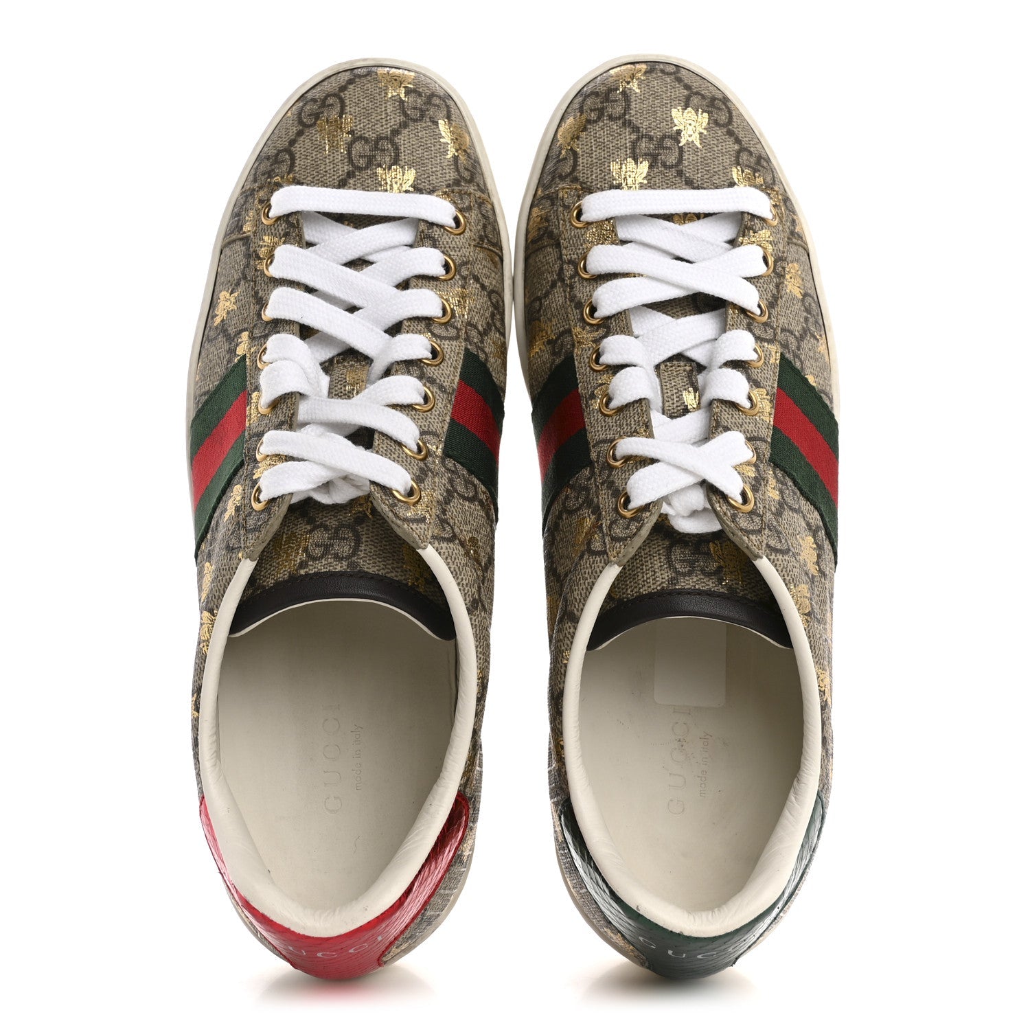 Gucci GG Supreme Monogram Bees Ayers Web Womens Ace Sneakers 37.5 Beige Oro Green Red