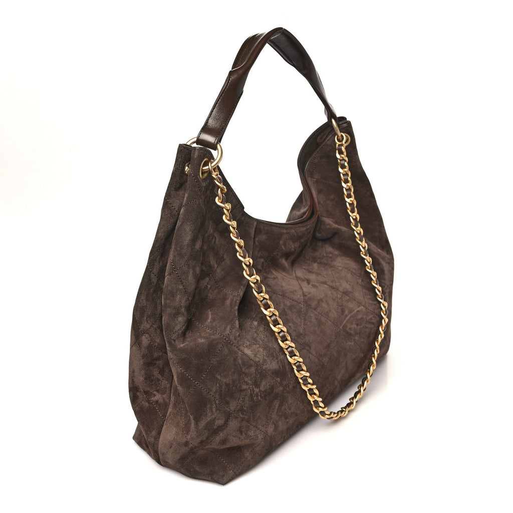 Chanel Suede Calfskin Lambskin Quilted Maxi Hobo Dark Brown