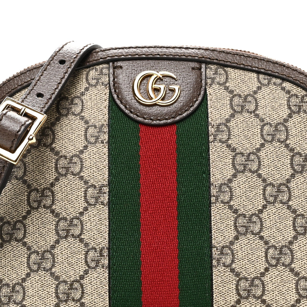 Gucci GG Supreme Monogram Textured Dollar Calfskin Web Small Ophidia Dome Shoulder Bag Beige Ebony New Acero