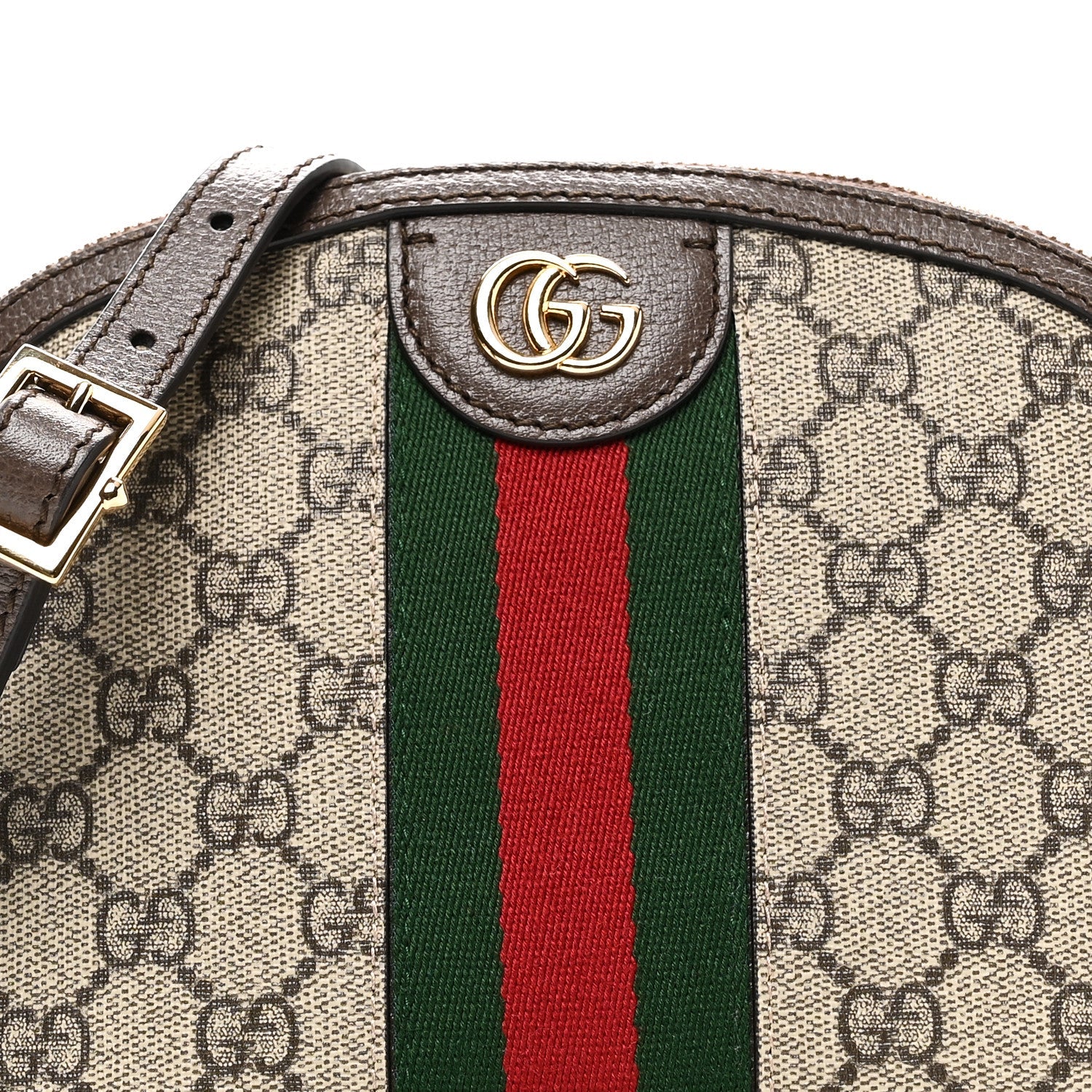 Gucci GG Supreme Monogram Textured Dollar Calfskin Web Small Ophidia Dome Shoulder Bag Beige Ebony New Acero