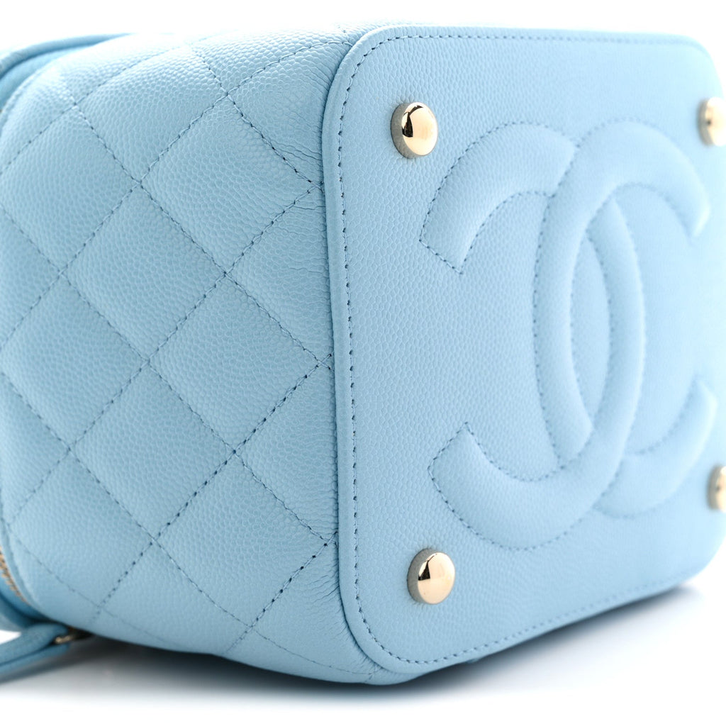 Chanel Caviar Quilted Top Handle Vanity Case With Chain Blue
