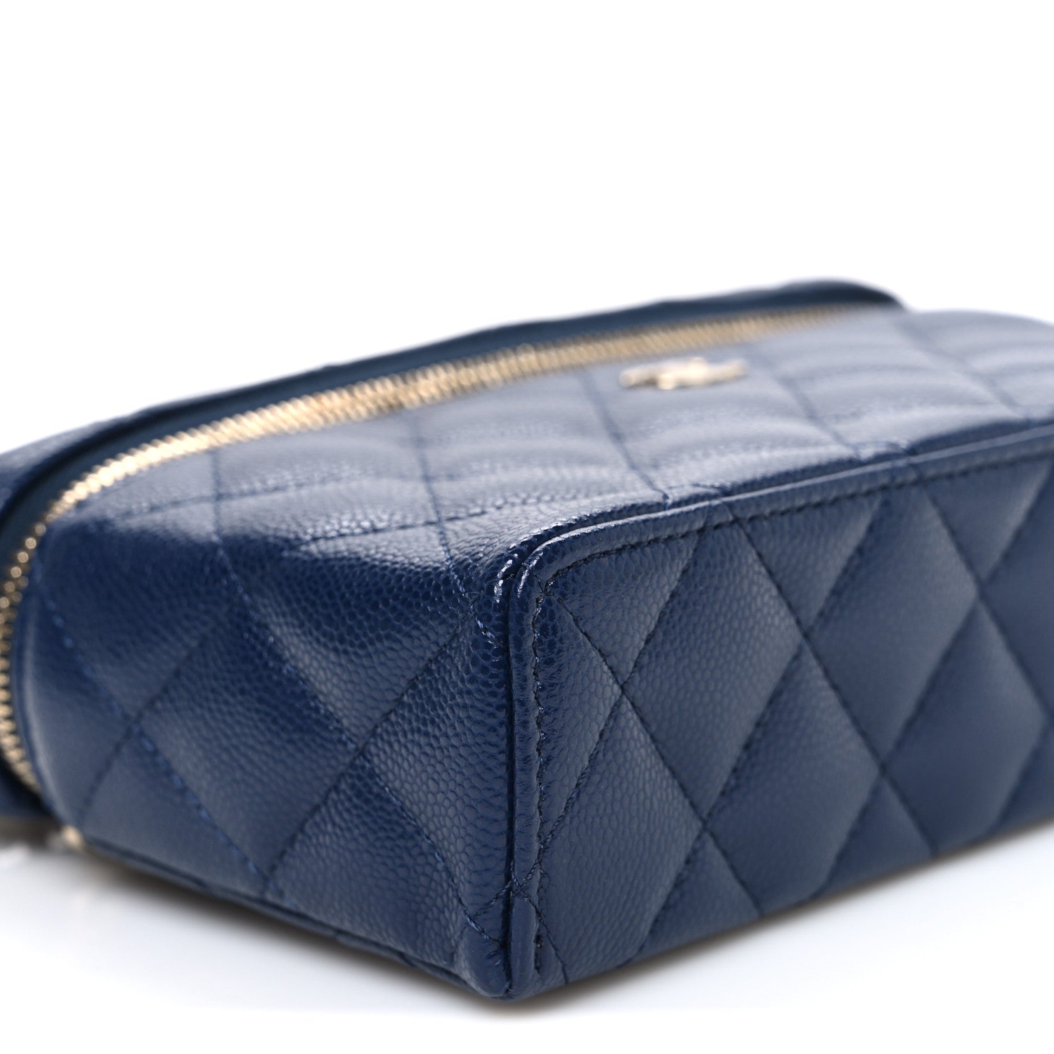 Chanel Caviar Quilted Top Handle Slim Vanity With Chain Navy