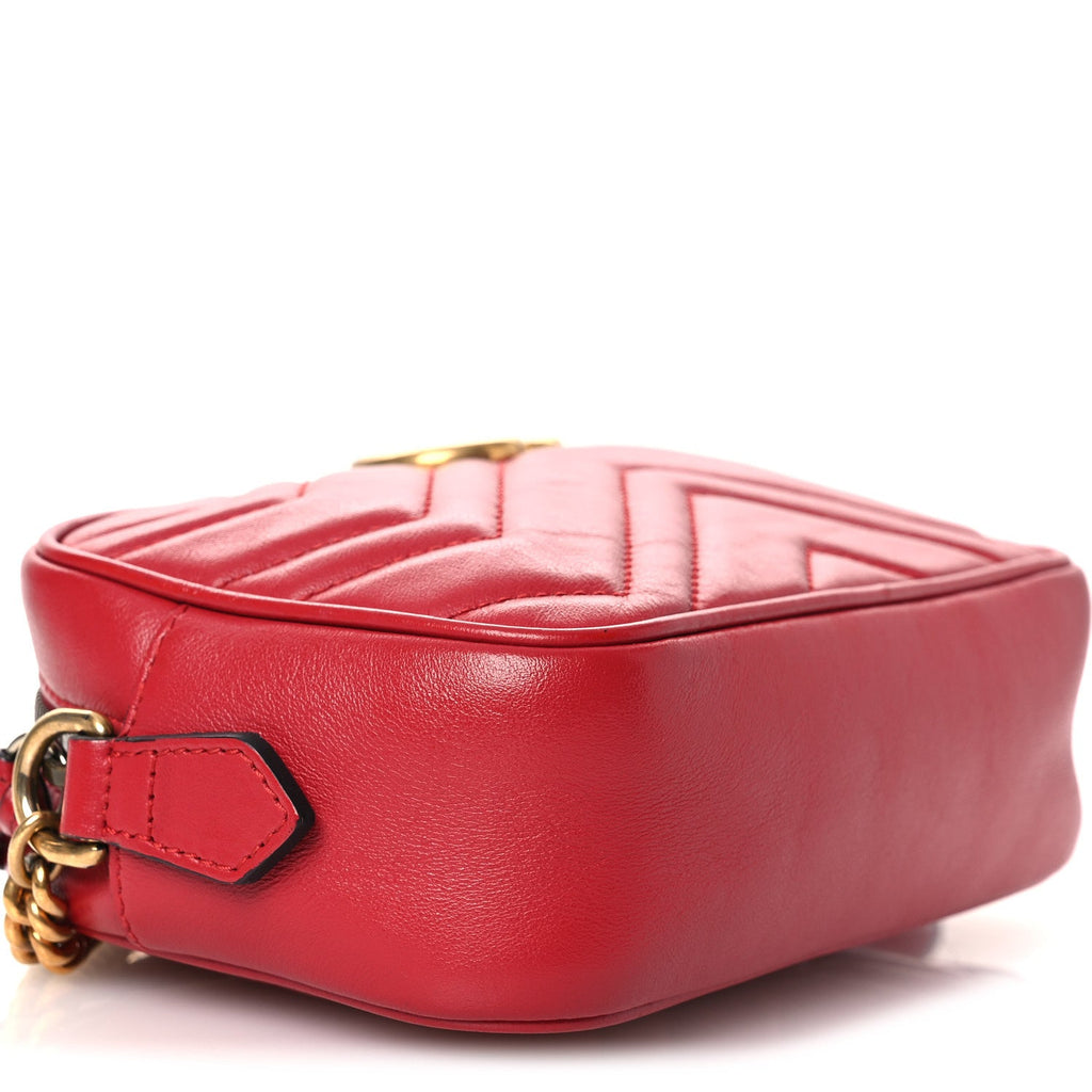 Gucci Calfskin Matelasse Mini GG Marmont Chain Shoulder Bag Hibiscus Red