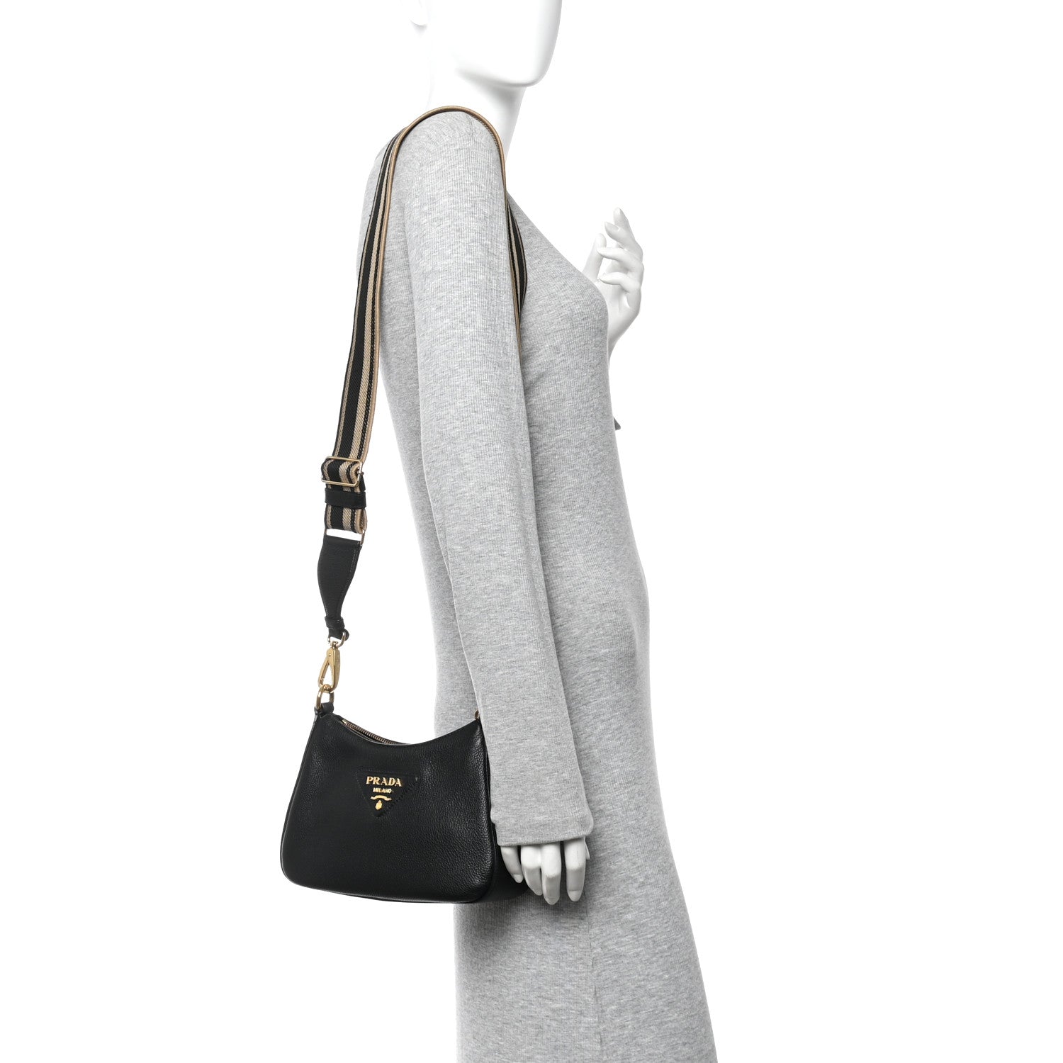 Prada Vitello Daino Soft Zippered Hobo Shoulder Bag Black