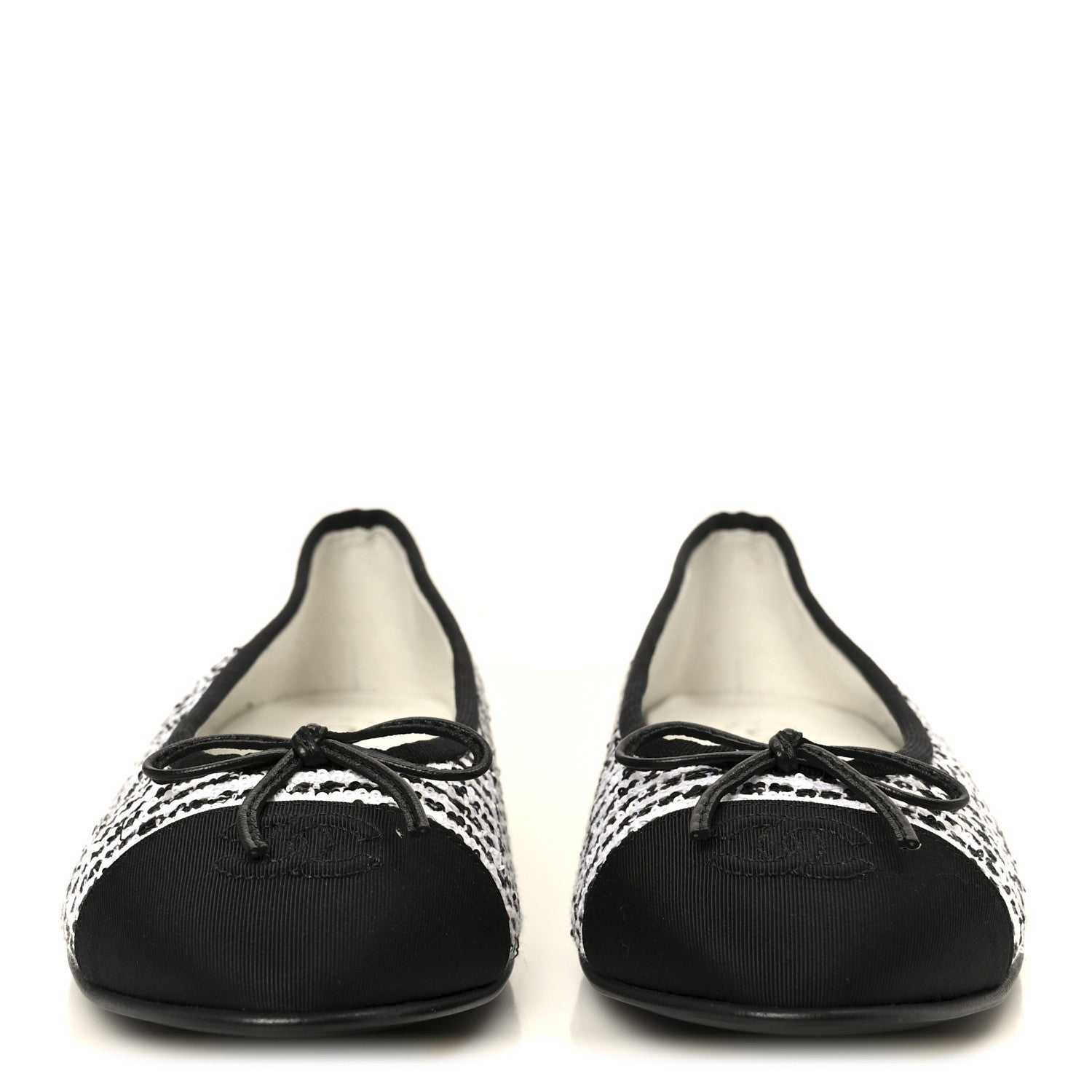 Chanel Tweed Sequin Grosgrain Cap Toe Ballerina Flats 39.5 Black White