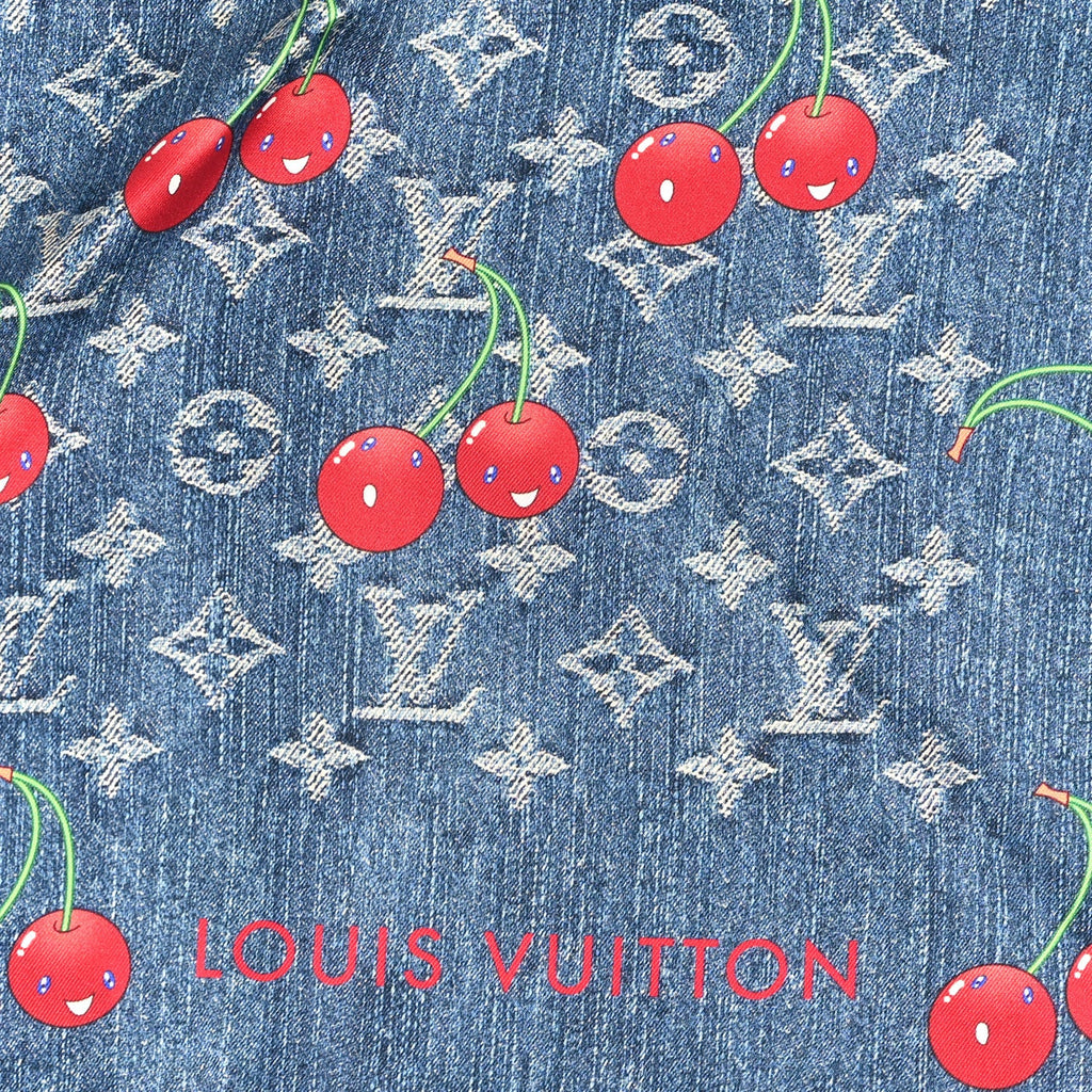 Louis Vuitton LV X TM Silk Monogram Cerises Square Scarf 90 Denim Blue