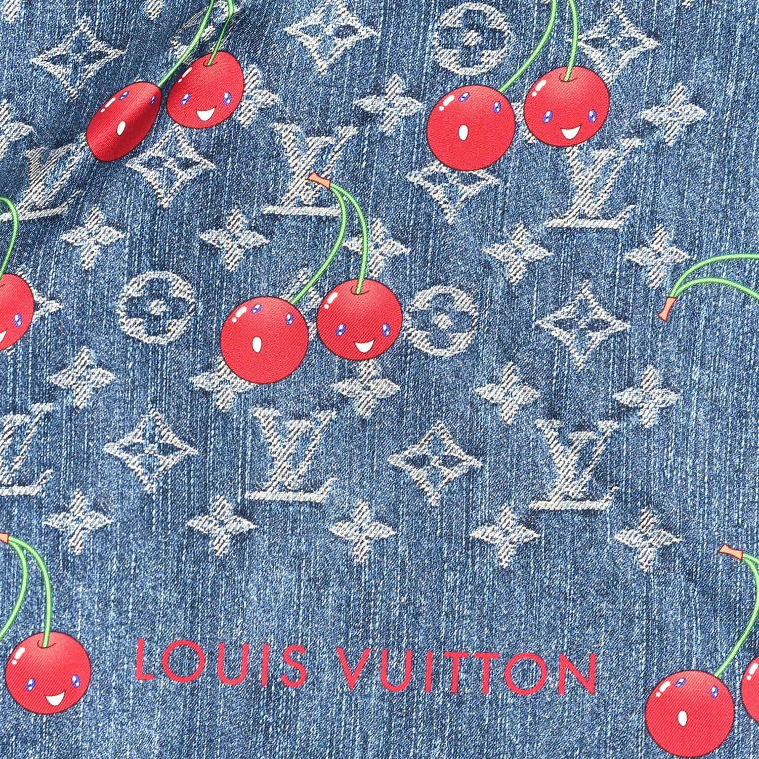 Louis Vuitton LV X TM Silk Monogram Cerises Square Scarf 90 Denim Blue