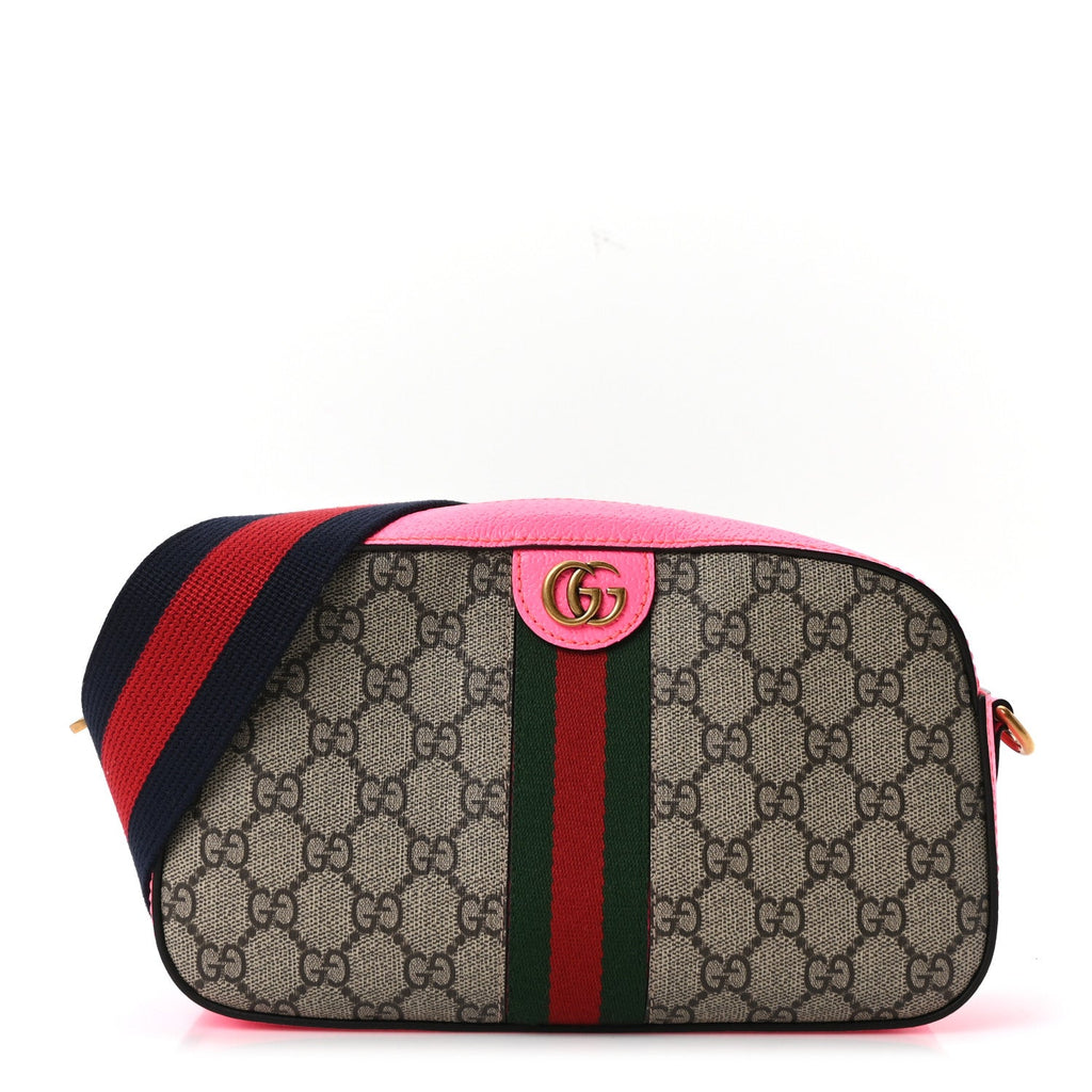 Gucci GG Supreme Monogram Textured Dollar Calfskin Web Ophidia Small Crossbody Bag Beige Ebony Fuchsia