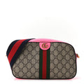 Gucci GG Supreme Monogram Textured Dollar Calfskin Web Ophidia Small Crossbody Bag Beige Ebony Fuchsia