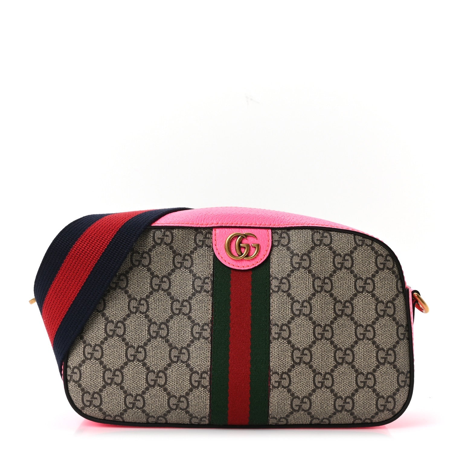 Gucci GG Supreme Monogram Textured Dollar Calfskin Web Ophidia Small Crossbody Bag Beige Ebony Fuchsia