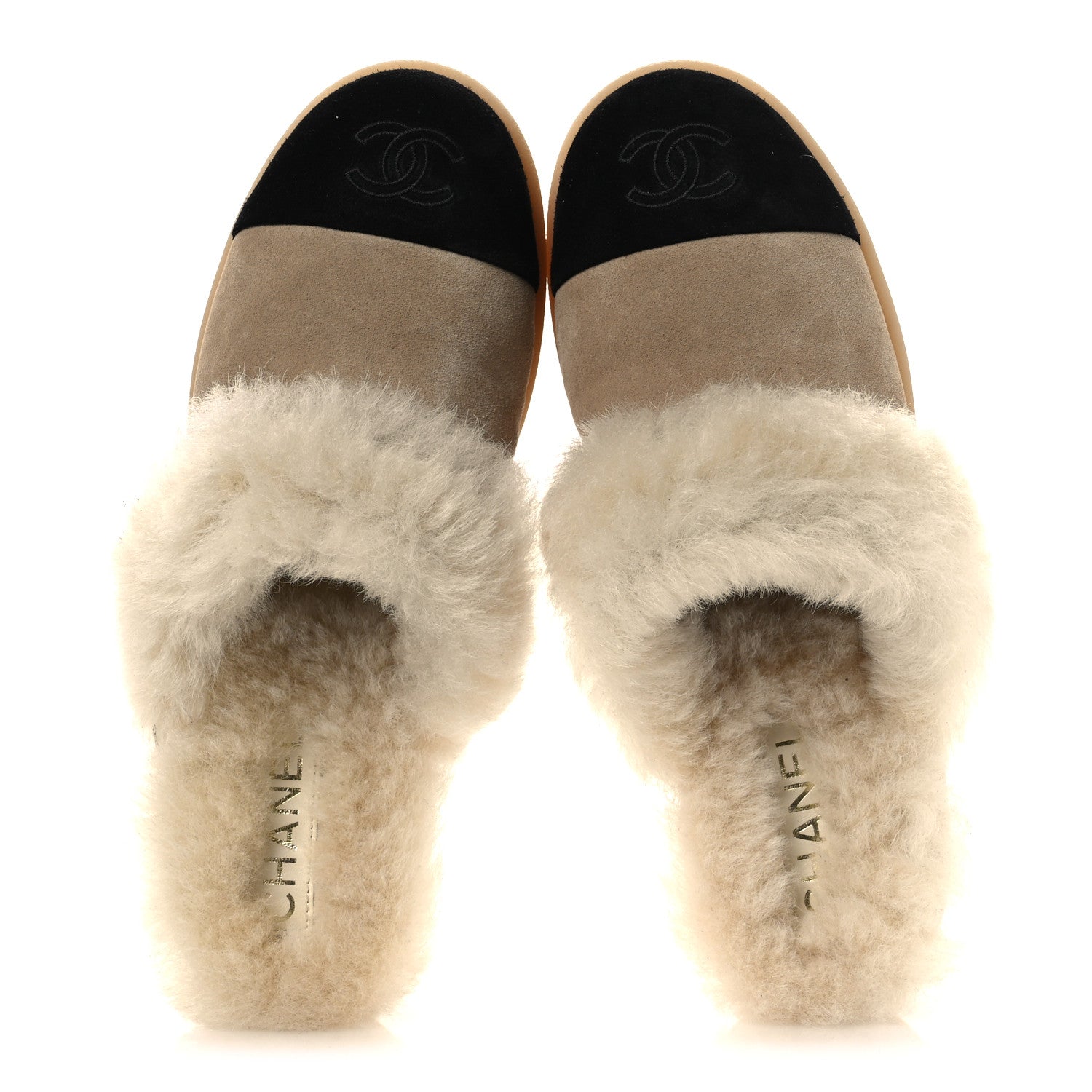 Chanel Suede Shearling CC Cap Toe Mules 39 Beige Black