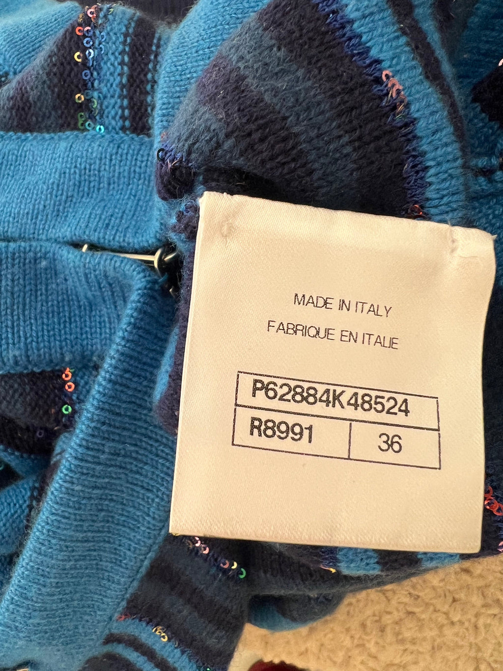 Chanel 20C Blue and Navy Cashmere Striped Long Cardigan with Multicolour Sequins Detail and Silver Camellia CC Buttons Size FR 36 (UK 8)
