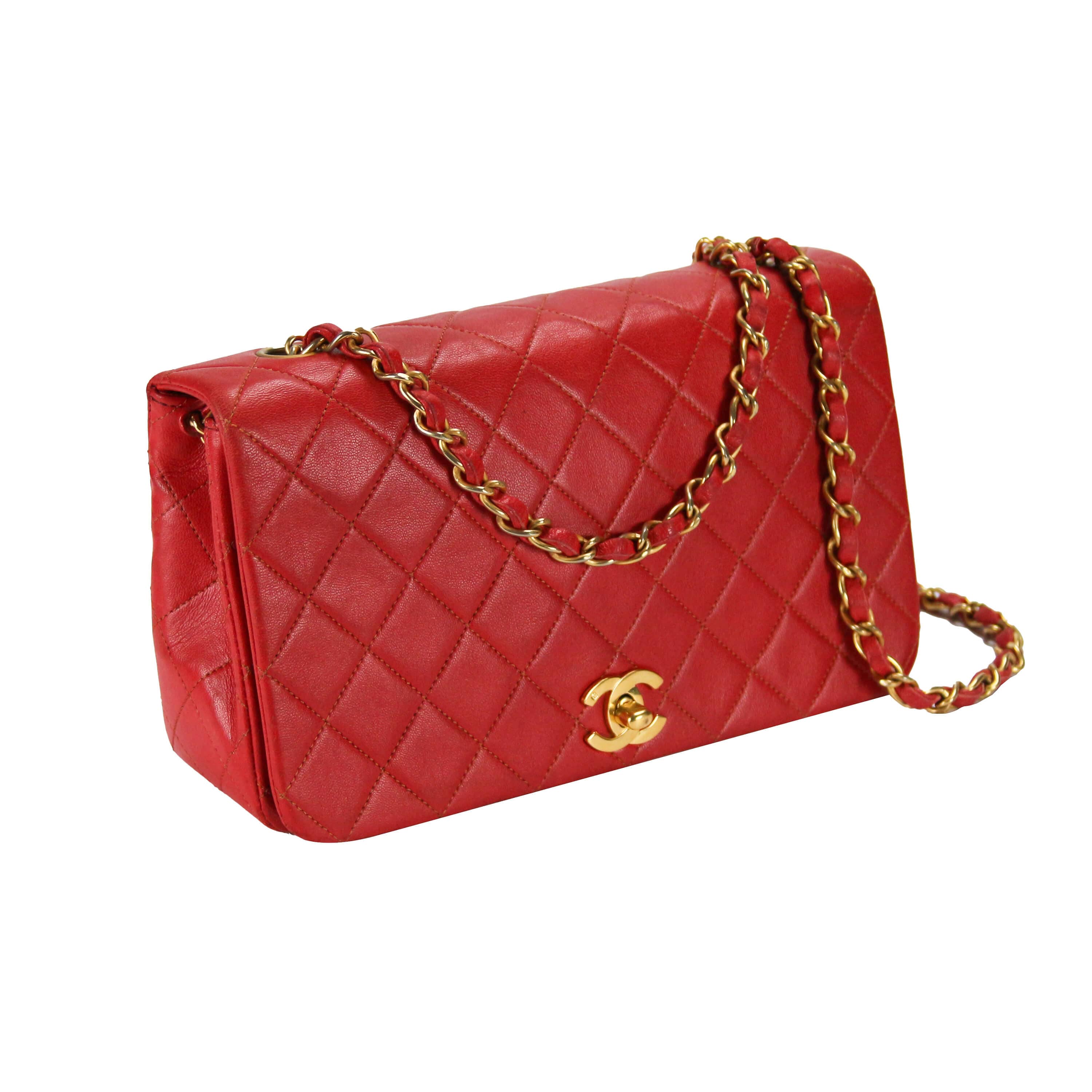 Chanel Full Flap Bag Small Red Lambskin Gold