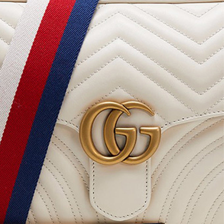 GUCCI GG Marmont Gold Label Logo Tassel Stripe Webbing Shoulder Strap White Handbag 498100-DTDPT-8283