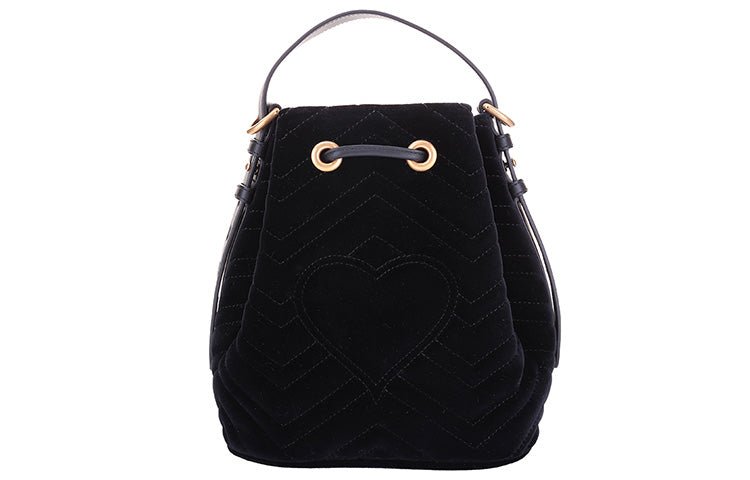 GUCCI GG Marmont Gold Label Logo Velvet Drawstring Bucket Bag Chain Handbag Black 525081-9FRDT-1000