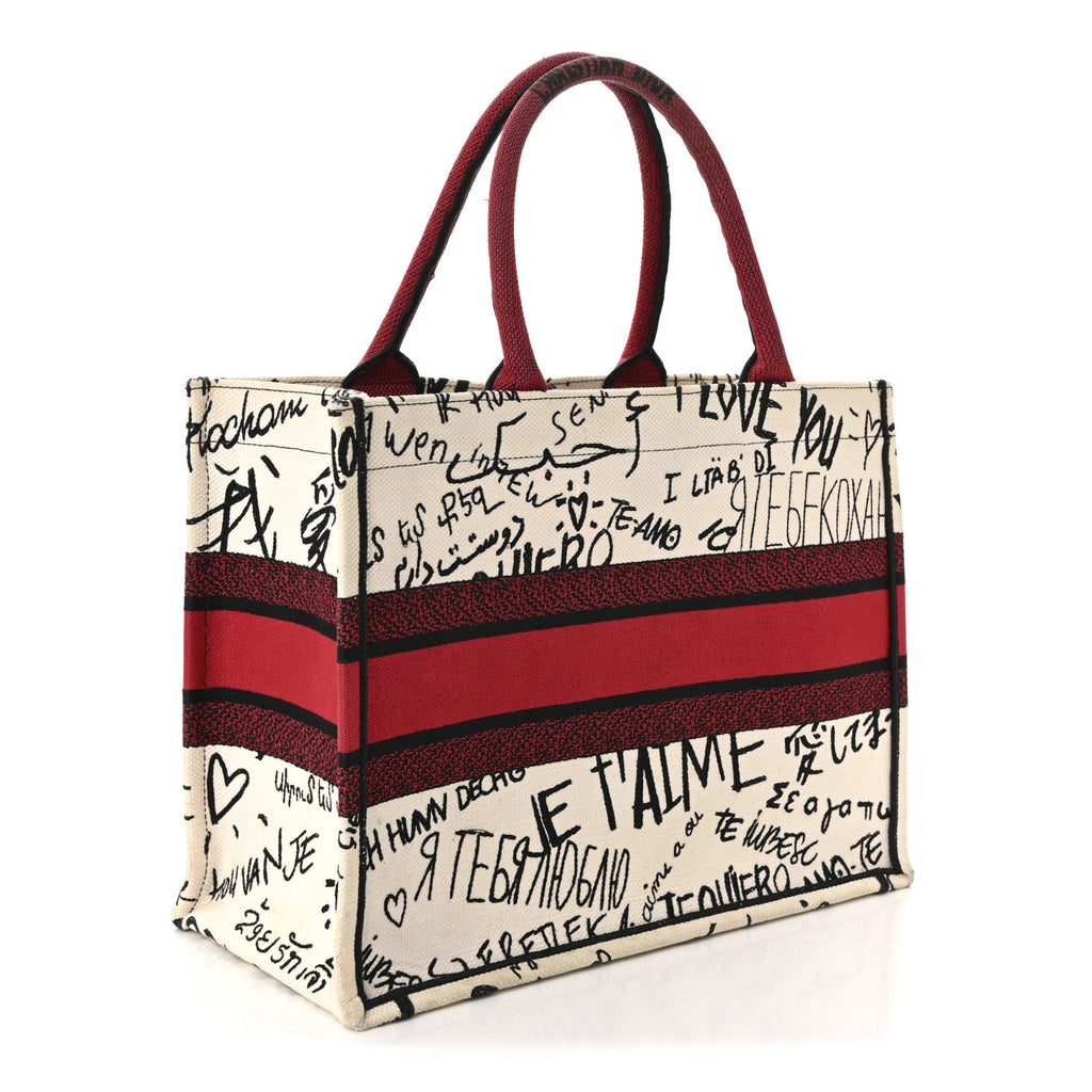 Christian Dior Canvas Embroidered Medium Dioramour Graffiti Book Tote Latte Multicolor