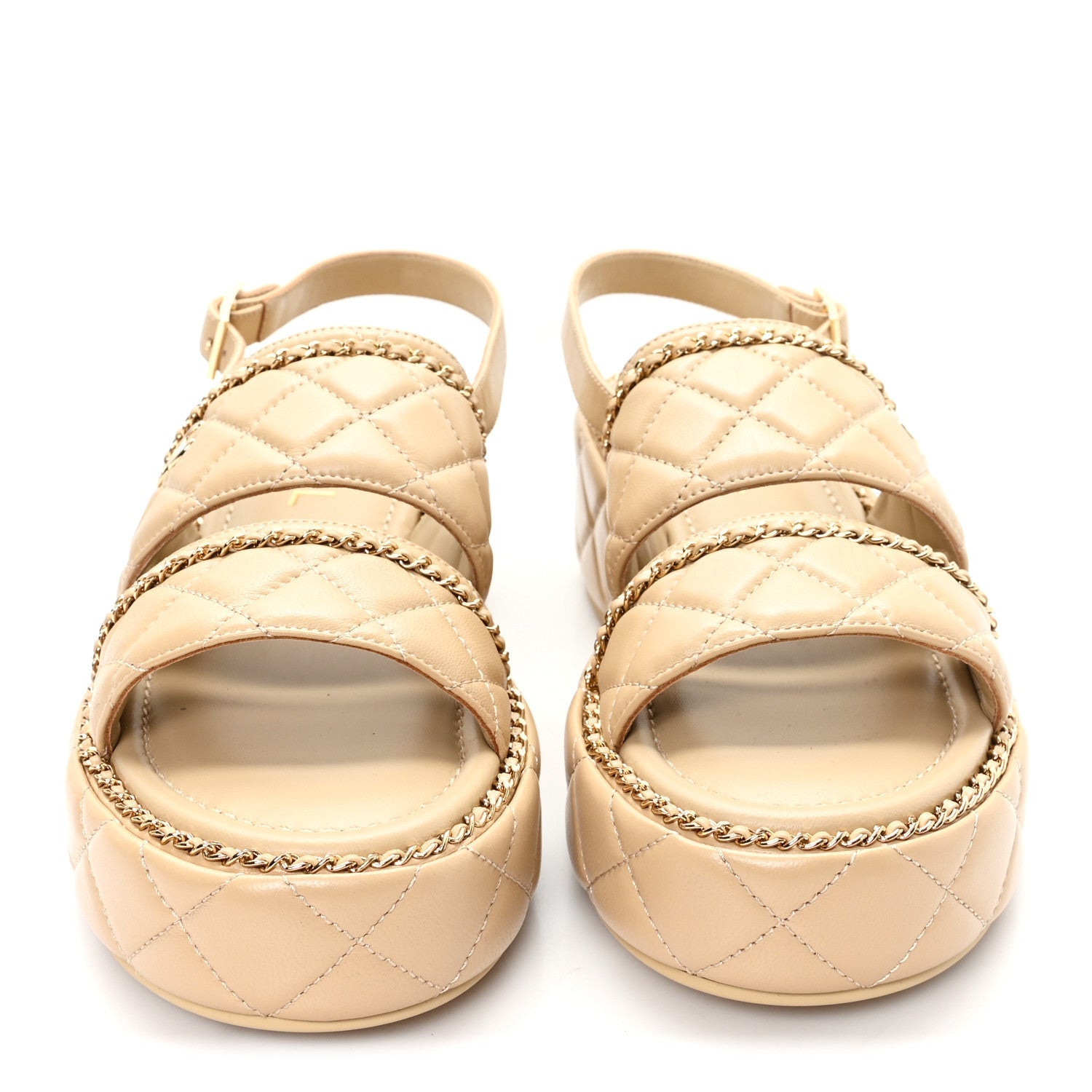 Chanel Shiny Lambskin Quilted Chain Around CC Platform Sandals 39.5 Beige