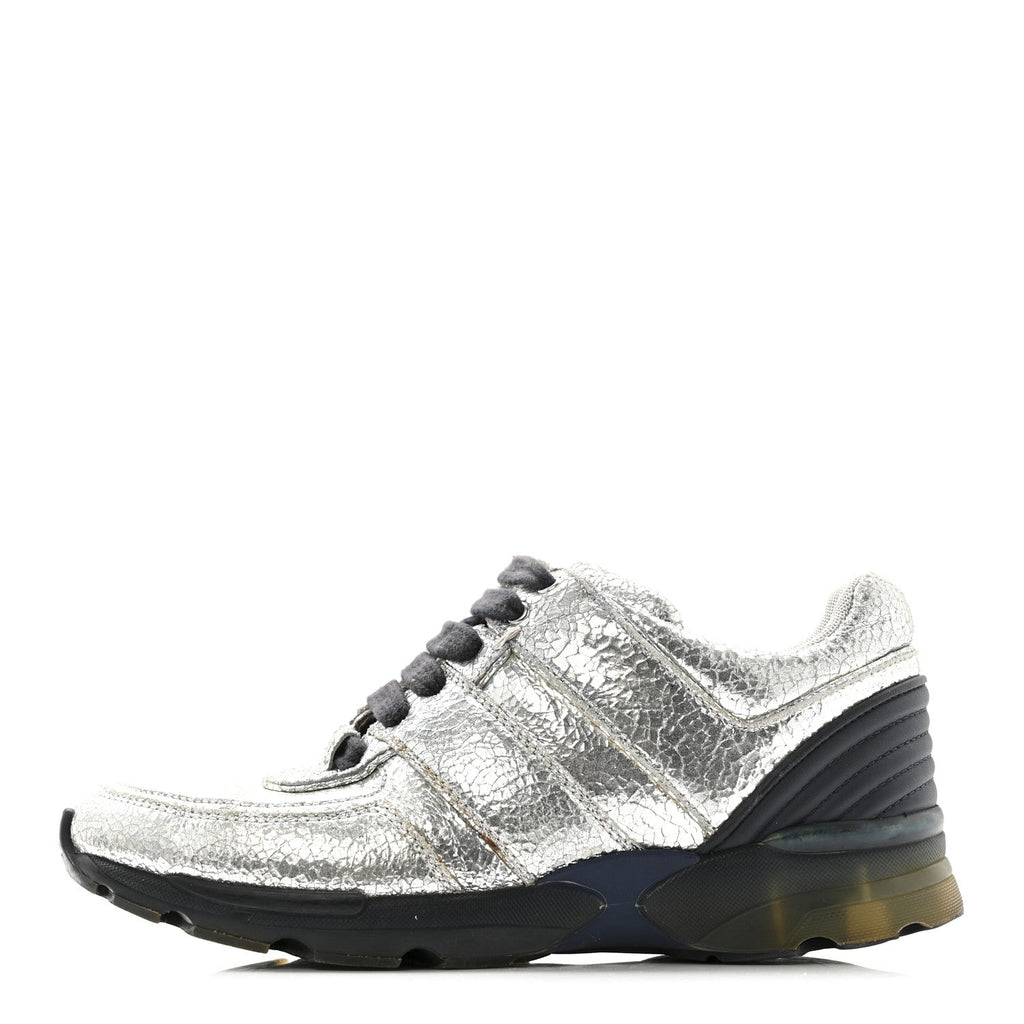 Metallic Crackled Calfskin CC Sneakers 36 Silver Black Navy