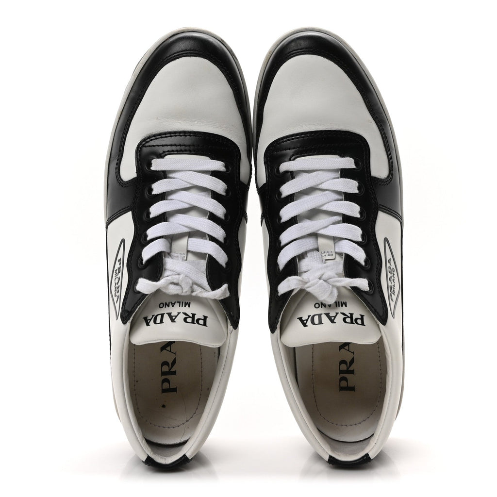 Prada Spazzolato Rois Vitello Soft Triangle Logo Womens Low Top Sneakers 39 White Black
