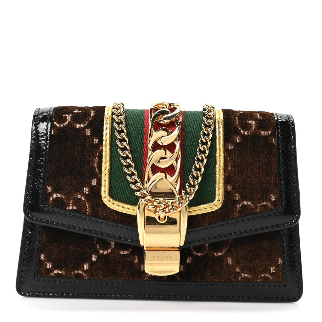 Gucci Velvet GG Monogram Web Super Mini Sylvie Chain Shoulder Bag Brown Black Oro Vecchio