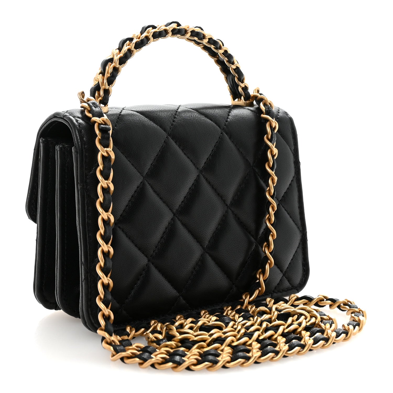 Chanel Lambskin Quilted Chain Top Handle Clutch With Chain Black
