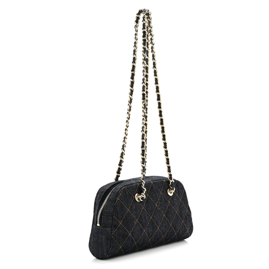Chanel Denim Quilted Clutch With Chain Dark Blue Orange