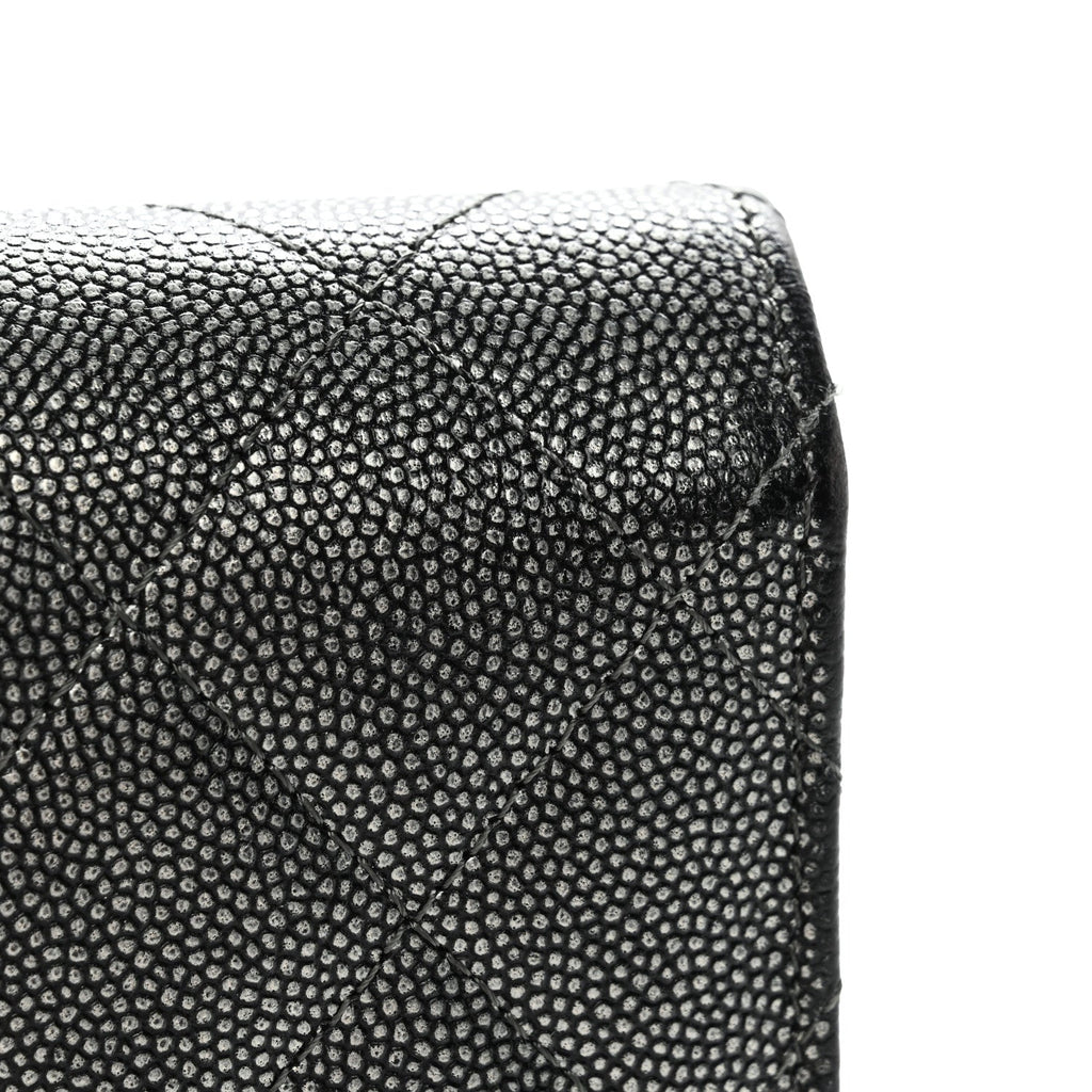 Metallic Caviar Quilted Large Golden Class Gusset Flap Wallet Dark Grey
