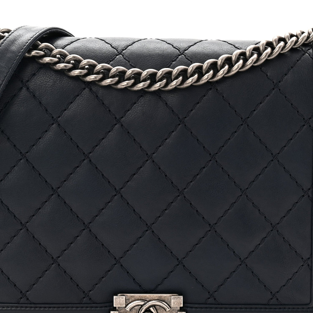 Chanel Calfskin Double Stitch Large Boy Flap Navy Blue