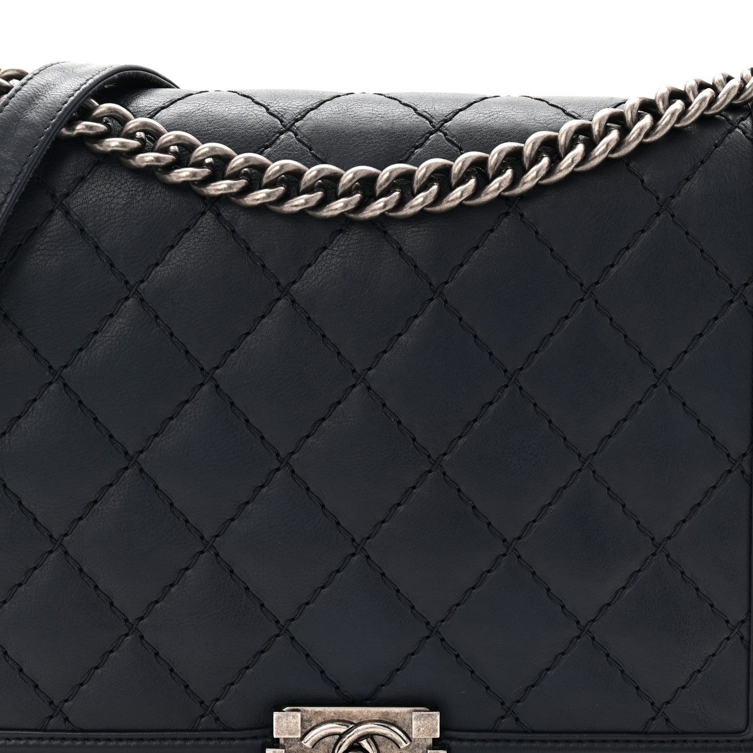 Chanel Calfskin Double Stitch Large Boy Flap Navy Blue