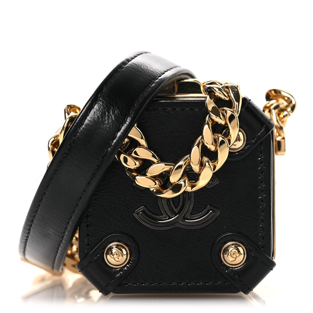 Chanel Shiny Crumpled Calfskin Minaudiere Clutch With Chain Black