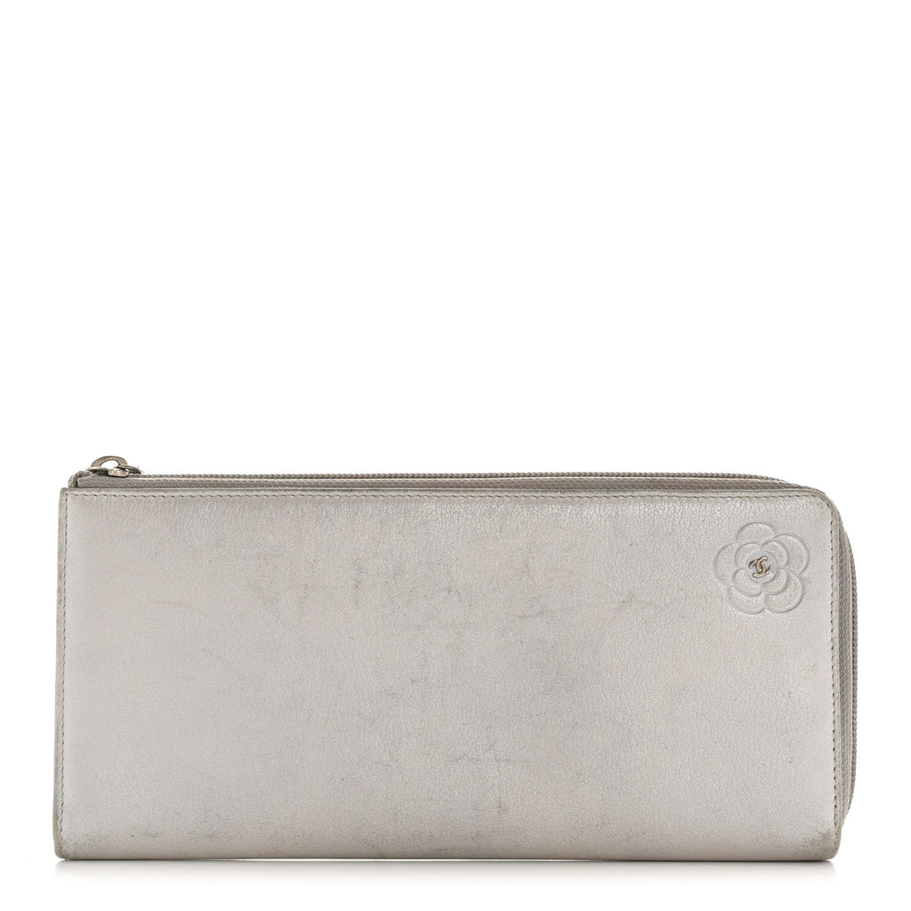 Metallic Goatskin Camellia Embossed Zip Around Wallet Silver